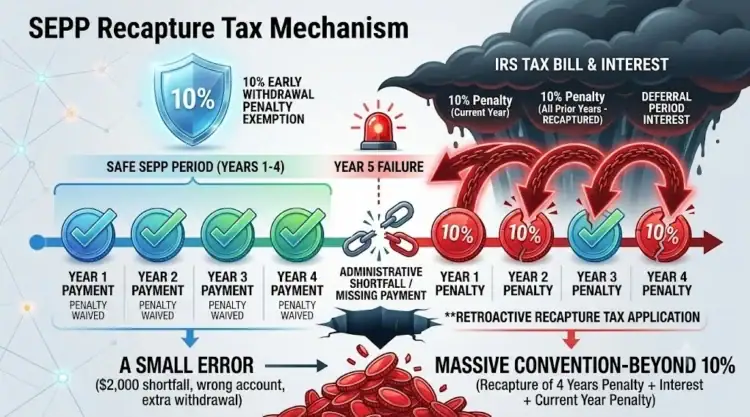 SEPP Recapture Tax mechanism chart showing 10% early withdrawal penalty exemption, IRS tax bill & interest, and recapture process with red arrows indicating failure points.