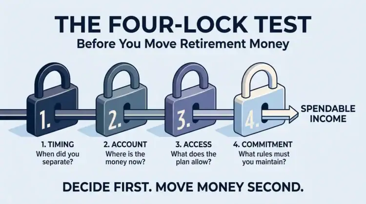 Four-Lock Test showing Timing, Account, Access and Commitment leading to spendable early-retirement income.