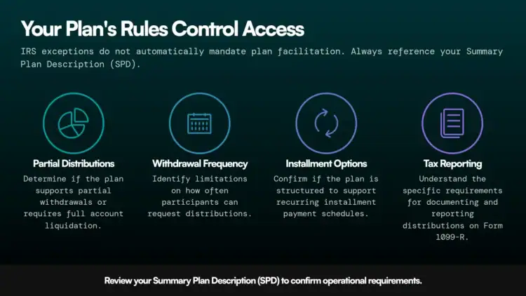 Infographic explains plan rules: partial distributions, withdrawal frequency, installment options, and tax reporting, urging review of the Summary Plan Description for details. Four icons represent each rule.