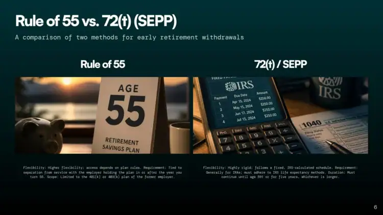 A slide compares the Rule of 55 and 72(t)/SEPP for early retirement withdrawals, featuring imagery of a desk calendar showing “AGE 55” and an IRS notice with a calculator. Key differences and flexibility notes are listed below.