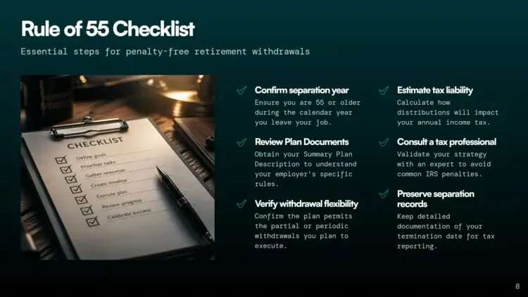 A checklist titled “Rule of 55 Checklist” lies on a clipboard next to a pen and glasses, with a lamp illuminating the workspace. Six retirement planning tips are listed on the right side of the image.