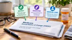 Medicare ANOC document with icons for money, medicine, and medical care showing key healthcare concepts for 2027.