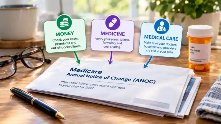 Medicare ANOC document with icons for money, medicine, and medical care showing key healthcare concepts for 2027.