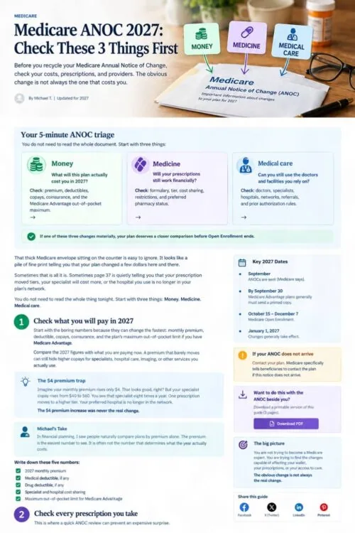Financial infographic showing Medicare Annual Notice of Change (ANOC) 2027 key points and checklists for beneficiaries.