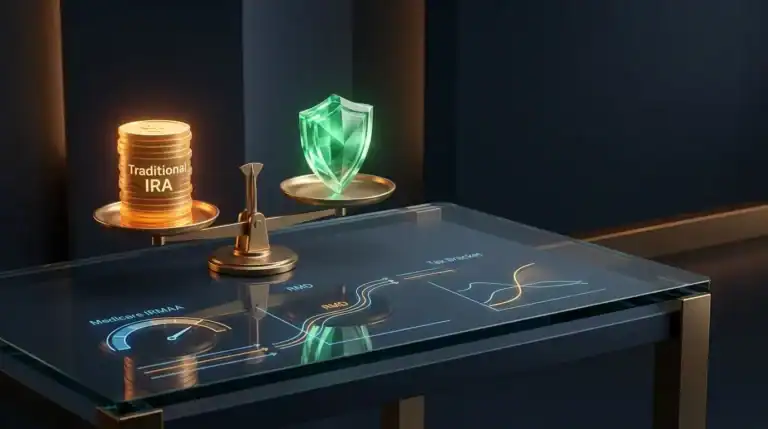 A scale on a glass table displaying a stack of coins labeled “Traditional IRA” on one side and a glowing green shield on the other, positioned above digital charts for Medicare IRMAA, RMD, and tax brackets.