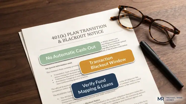 Is your company changing 401k provider? A 401(k) plan transition and blackout notice document for a company changing 401k providers on a wooden desk with glasses and a pen, including callout boxes for transaction blackouts, fund mapping, and loan verification.