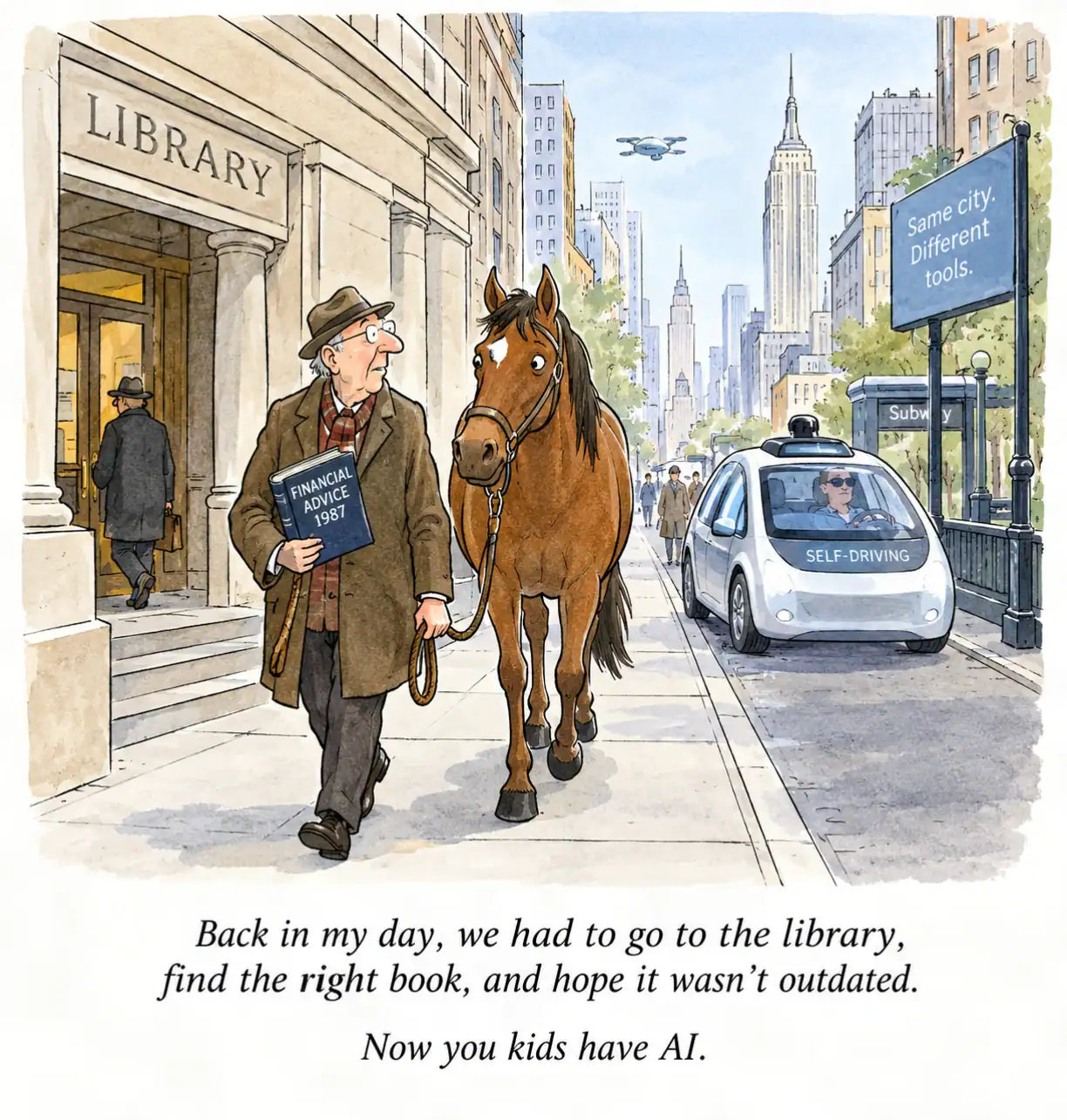 Cartoon contrasting an old-fashioned library trip with modern technology to show how information tools change over time.