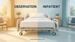 Illustration of one hospital bed spanning two halves labeled observation and inpatient.