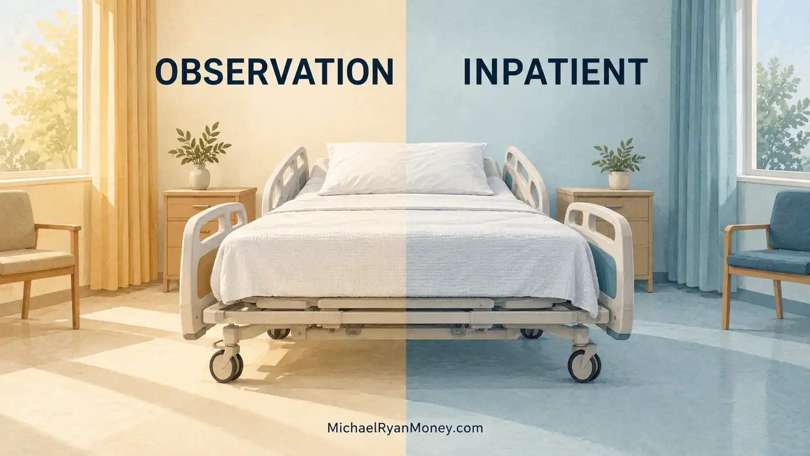 Illustration of one hospital bed spanning two halves labeled observation and inpatient.
